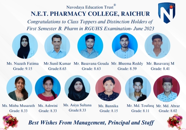 Toppers of B.Pharm 1,3,5,7 semesters in RGUHS examination -June 2023